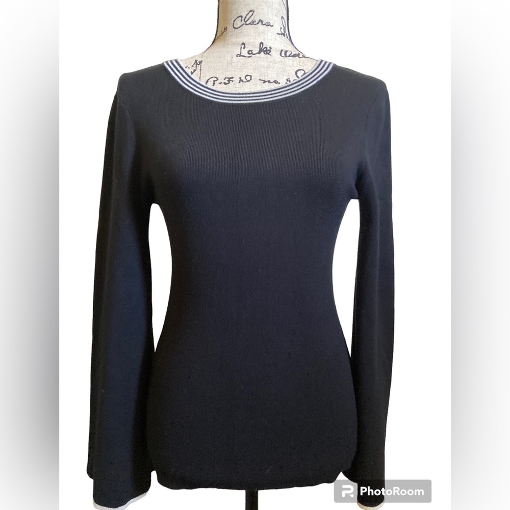 🌞Olivia Warren Black with White Striped Bell Sleeve Tie Back Sweater #Bl